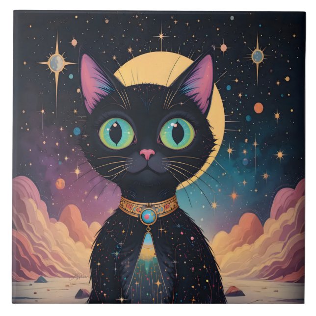 Azulejo De Cerâmica Gato Preto Cósmico Futurista Atômico ao Luar (Frente)