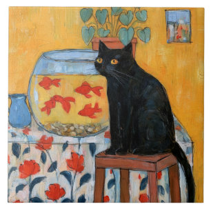 Azulejo De Cerâmica Gato Preto Curioso Observando Aquário
