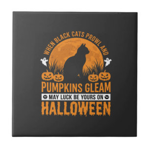 Azulejo De Cerâmica Gato Preto de Halloween Desenho de Abóbora Lua_1