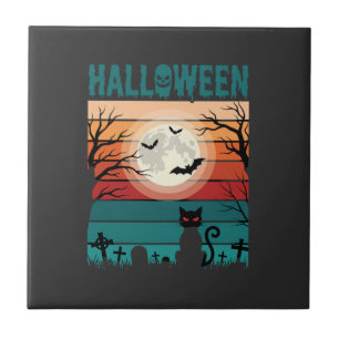 Azulejo De Cerâmica Gato Preto De Halloween Lua Cemitério Vetor Retro