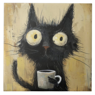 Azulejo De Cerâmica Gato Preto Desgrenhado com Café em Marrom Grunge