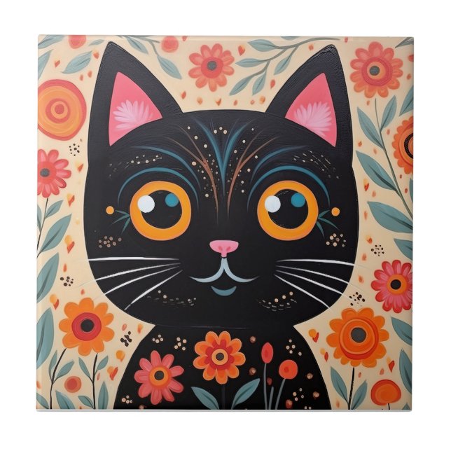 Azulejo De Cerâmica Gato Preto do Estilo de Arte Folclada (Frente)