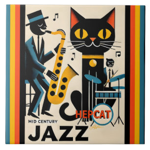 Azulejo De Cerâmica Gato Preto do Gato Preto da Idade do Jazz do meio 
