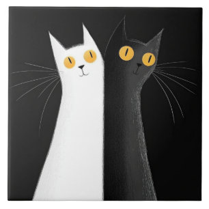 Azulejo De Cerâmica Gato Preto e Gatos Brancos em Preto