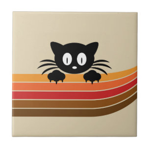 Azulejo De Cerâmica Gato preto fofo com listras retrô