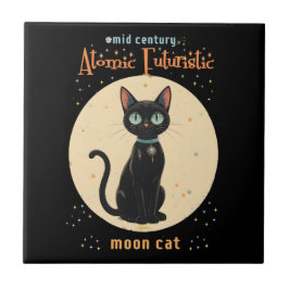 Azulejo De Cerâmica Gato Preto Futurista Atômico da Lua com texto