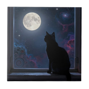 Azulejo De Cerâmica Gato Preto Galáxia Lua Cheia Cena da Janela