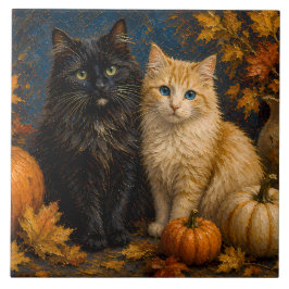 Azulejo De Cerâmica Gato Preto & Gato Laranja de Halloween Vintage