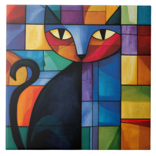 Azulejo De Cerâmica Gato Preto Geométrico Vidro Pintado em Grade