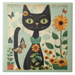Azulejo De Cerâmica Gato preto, girassóis, borboletas, arte nativa