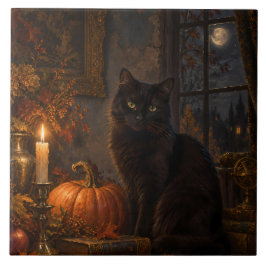 Azulejo De Cerâmica Gato Preto Gótico ao Luar Outono