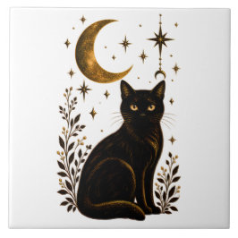 Azulejo De Cerâmica Gato Preto Gótico Lua Celestial Botânica