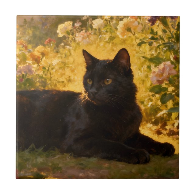 Azulejo De Cerâmica Gato Preto nas Flores I (Frente)