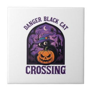 Azulejo De Cerâmica Gato Preto Perigoso Cruzando Abóbora de Halloween