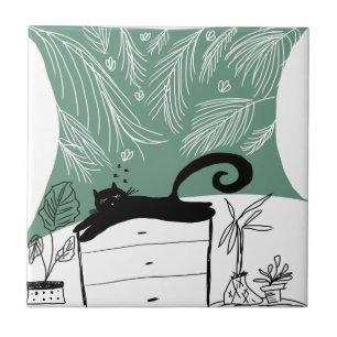 Azulejo De Cerâmica Gato Preto Relaxando Planta Selva