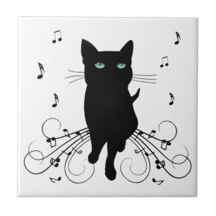 Azulejo De Cerâmica Gato Preto Rodeado por Notas Musicais Sussurrantes