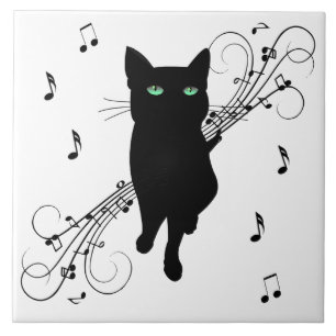 Azulejo De Cerâmica Gato Preto Rodeado por Notas Musicais Sussurrantes