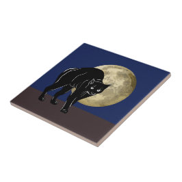 Azulejo De Cerâmica Gato Preto Rondando no Halloween em uma Noite de L