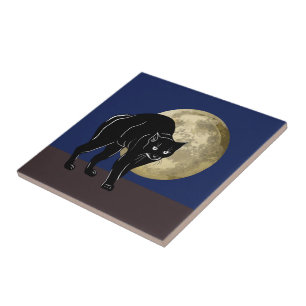 Azulejo De Cerâmica Gato Preto Rondando no Halloween em uma Noite de L