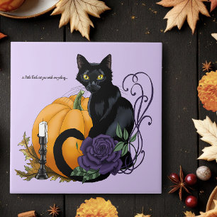 Azulejo De Cerâmica Gato Preto Rosa Roxa Abóbora Outono