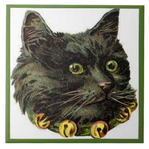 Azulejo De Cerâmica Gato preto vitoriano com colar de sino