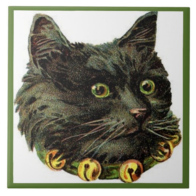 Azulejo De Cerâmica Gato preto vitoriano com colar de sino (Frente)