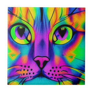 Azulejo De Cerâmica Gato psicodélico, cor roxa, fuschia verde
