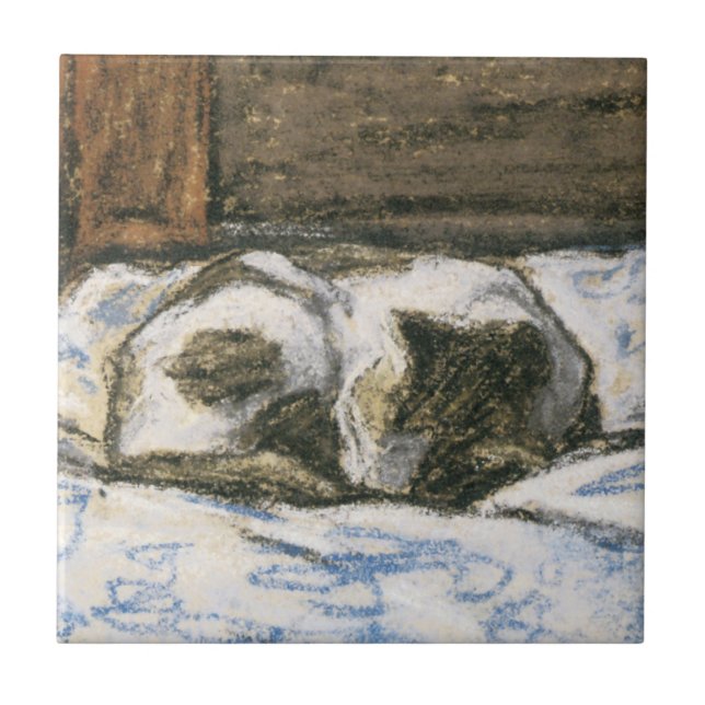Azulejo De Cerâmica Gato que dorme em uma cama por Claude Monet (Frente)