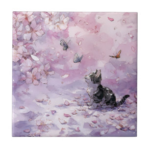 Azulejo De Cerâmica Gato Sakura Japonês com Borboletas Azuis e Rosas