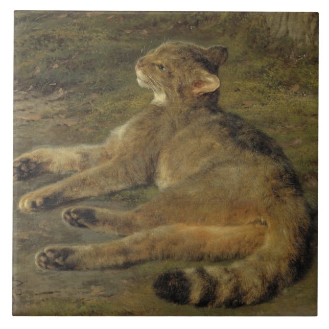 Azulejo De Cerâmica Gato selvagem (por Rosa Bonheur) (Frente)