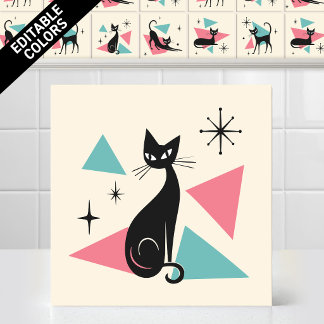 Azulejo De Cerâmica Gato Sentado Retro Atômico dos Anos 50 Cores Editá