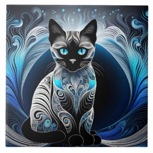 Azulejo De Cerâmica Gato siamês, abstrato preto azul e branco