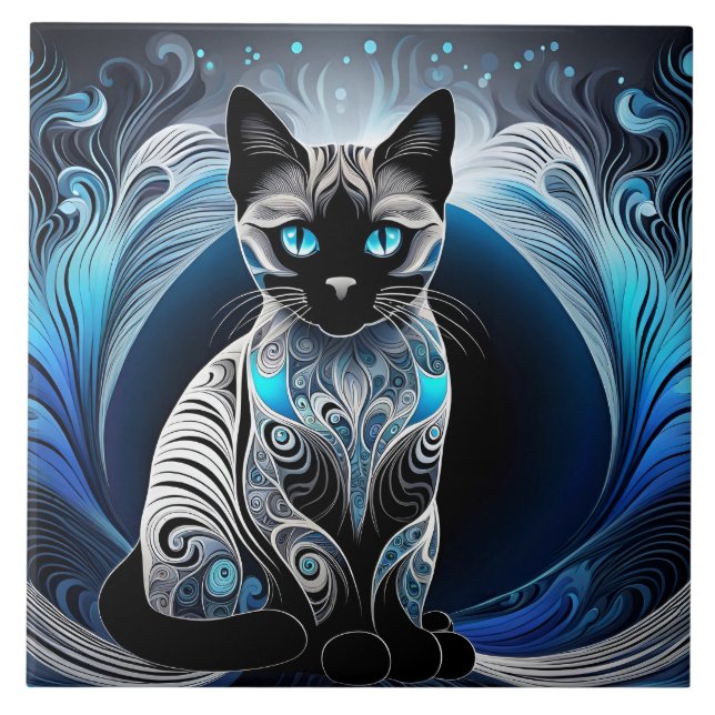Azulejo De Cerâmica Gato siamês, abstrato preto azul e branco (Frente)