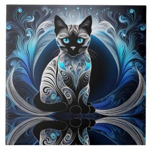 Azulejo De Cerâmica Gato siamês, abstrato preto azul e branco