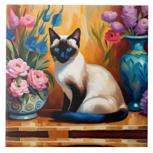 Azulejo De Cerâmica Gato siamês e Buquês em Vases