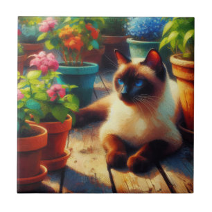 Azulejo De Cerâmica Gato Siamês na Pintura do Óleo de Jardim