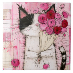 Azulejo De Cerâmica Gato Smoking Holding Buquê de Rosa Rosa