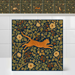 Azulejo De Cerâmica Gato Tabby Laranja William Morris Saltando Dossel