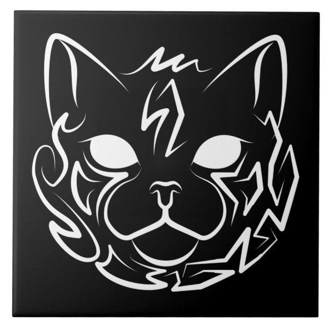 Azulejo De Cerâmica Gato Tribal Negro e Branco (Frente)