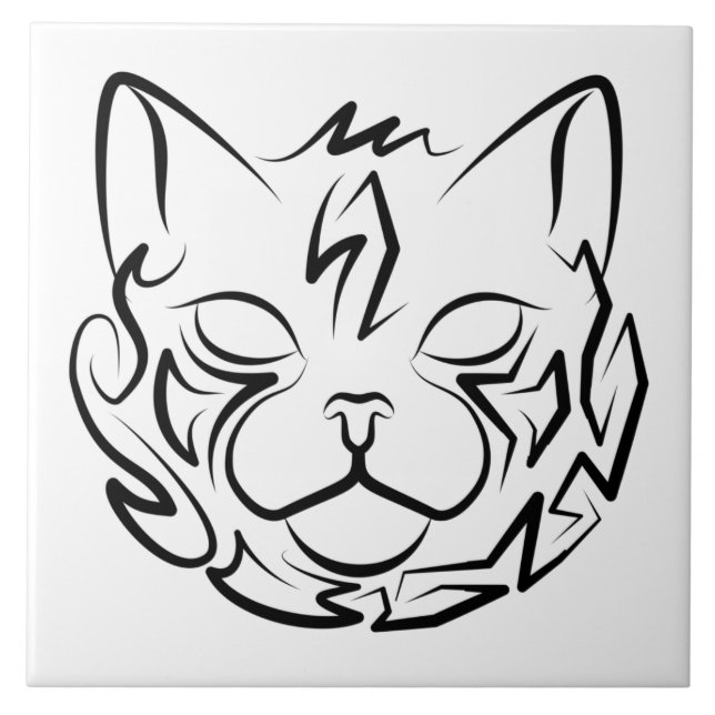 Azulejo De Cerâmica Gato Tribal Negro e Branco (Frente)