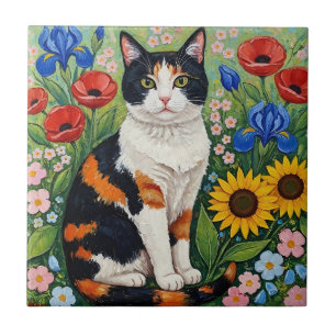 Azulejo De Cerâmica Gato Tricolor e Girassóis Arte Popular