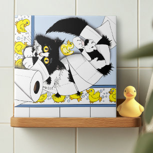 Azulejo De Cerâmica Gato Tuxedo Brincalhão Caos de Papel Higiênico Azu