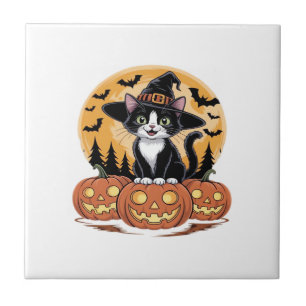 Azulejo De Cerâmica Gato Tuxedo Halloween Bruxa Abóboras Fofo Essencia