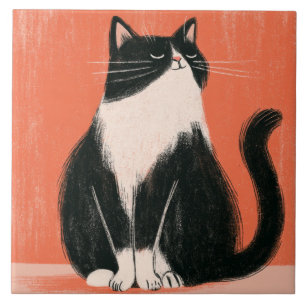 Azulejo De Cerâmica Gato Tuxedo Minimalista Orgulhoso em Laranja