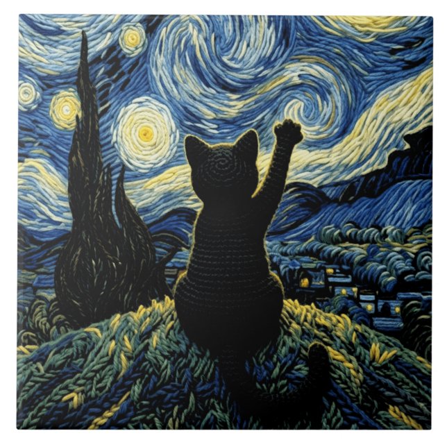 Azulejo De Cerâmica Gato Vangogh Noite Estrelada (Frente)