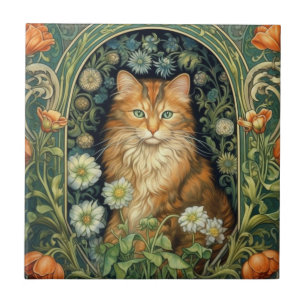 Azulejo De Cerâmica Gato vermelho na arte do jardim nouveau