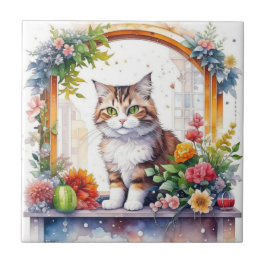 Azulejo De Cerâmica Gato Whimsical Bonito na Janela das Flores