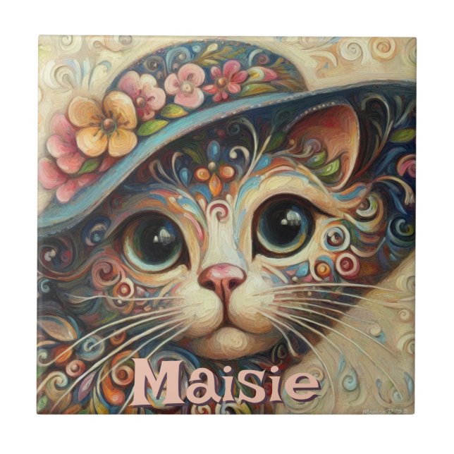 Azulejo De Cerâmica Gato Whimsical com chapéu Floral Personalizado (Frente)
