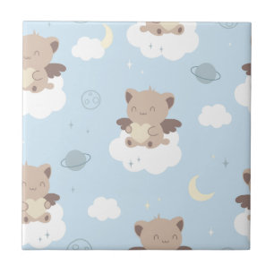 Azulejo De Cerâmica Gatos Anjo Kawaii em Padrão de Nuvens