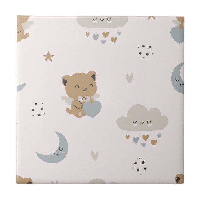 Azulejo De Cerâmica Gatos Anjo Kawaii & Nuvens (2) (Frente)